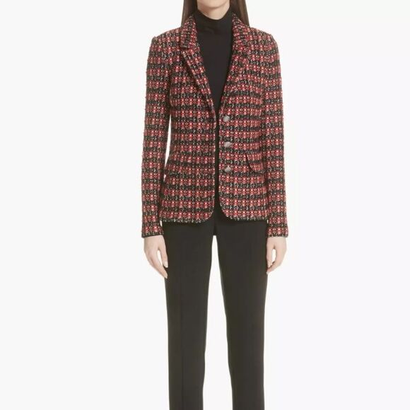 St. John Multi Black Red Tweed Single Breasted Button Blazer Jacket Sz 12 New - Picture 2 of 15